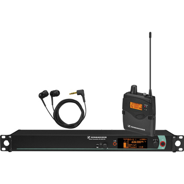 Sennheiser Single Channel IEM System: (1) SR 2000XP IEM single channel stereo IEM transmitter; (1) EK 2000 IEM stereo IEM receiver with IE4 earbuds.  Frequency range Aw (516 / 558 MHz), 2000IEM1-A