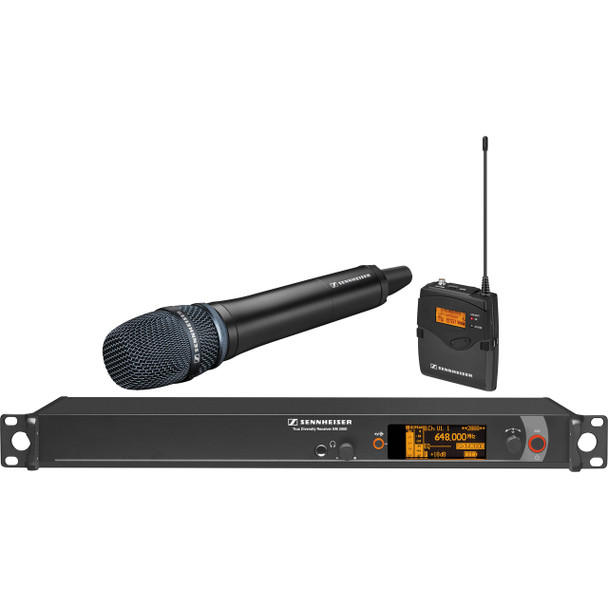 Sennheiser Single Channel Contractor System: (1) SK 2000XP bodypack, (1) SKM 2000XP handheld with Neumann KK 205 Supercardioid capsule, black; (1) EM 2000 single channel recevier. Frequency range Aw (516 / 558 MHz), 2000C1-205BK-A