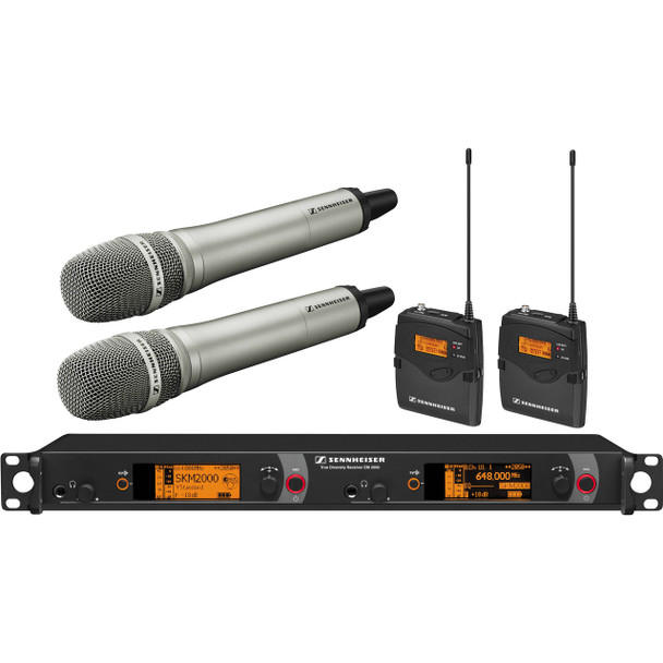 Sennheiser Dual Channel Contractor System: (2) SK 2000XP bodypacks, (2) SKM 2000XP handheld with Neumann KK 204 Cardioid capsules, nickel; (1) EM 2050 dual channel recevier.  Frequency range Bw (626 / 698 MHz), 2000C2-204NI-B