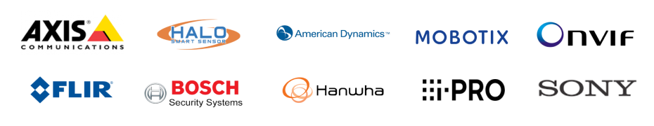 Short list of brands with compatible devices from Axis Communications, Hanwha Vision, Bosch, iPro