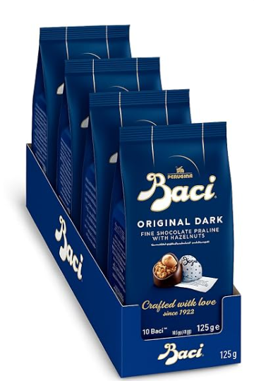 Baci Original Dark | Fine Dark Chocolate Truffle with Hazelnuts | 4.4oz each Bag (Case of 4)