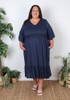 Plus Size Textured Blue Navy Shirred Bust Flounce Hem Dress