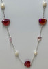Glass Red Hearts And Pearls With Glass Bead Silver Necklace