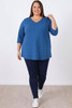 Plus Size Blue Cotton Stretch V Neck Top