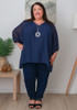 Plus Size Navy Floaty Chiffon Top with Textured Sleeves