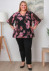 Plus Size Ruffle Sleeve Black Chiffon Top In Pink Floral