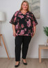 Plus Size Ruffle Sleeve Black Chiffon Top In Pink Floral