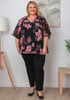 Plus Size Ruffle Sleeve Black Chiffon Top In Pink Floral