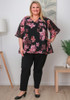 Plus Size Ruffle Sleeve Black Chiffon Top In Pink Floral