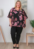 Plus Size Ruffle Sleeve Black Chiffon Top In Pink Floral