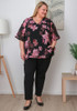 Plus Size Ruffle Sleeve Black Chiffon Top In Pink Floral