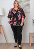 Plus Size Ruffle Sleeve Black Chiffon Top In Pink Floral