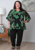 Plus Size Ruffle Sleeve Black Chiffon Top In Green Floral
