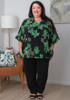 Plus Size Ruffle Sleeve Black Chiffon Top In Green Floral