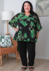 Plus Size Ruffle Sleeve Black Chiffon Top In Green Floral