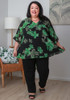 Plus Size Ruffle Sleeve Black Chiffon Top In Green Floral