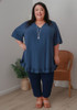Plus Size Linen Blend Ruffle Hem Top in Blue