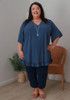 Plus Size Linen Blend Ruffle Hem Top in Blue