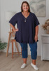 Plus Size Linen Blend Ruffle Hem Top in Navy