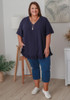 Plus Size Linen Blend Ruffle Hem Top in Navy
