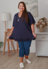 Plus Size Linen Blend Ruffle Hem Top in Navy