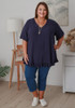 Plus Size Linen Blend Ruffle Hem Top in Navy