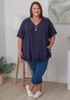 Plus Size Linen Blend Ruffle Hem Top in Navy
