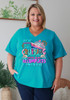 Plus Size Cruise Friends V Neck Curved Hem Tee In Blue