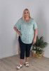 Plus Size V Neck Top In Sage Green Seaside Print