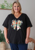 Plus Size Christmas Cotton V Neck Curved Hem Tee In Black