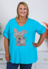 Plus Size Patchwork Bunny Aqua V Neck Short Sleeve Cotton Top