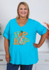 Plus Size Hip Hop Easter Aqua V Neck Cotton Top