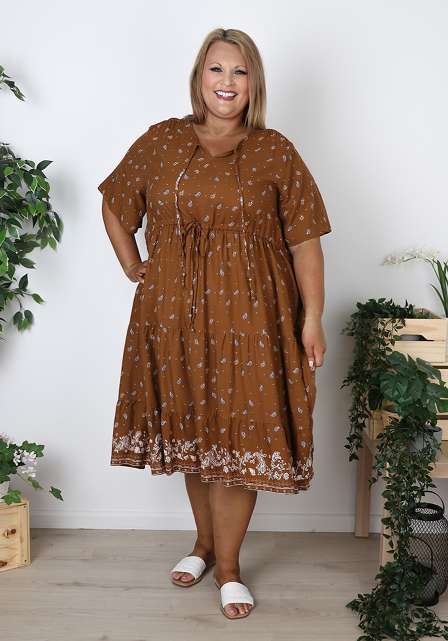 Elegance in Spice: Tiered Border Print Dress by Curvaceous (Plus Size)