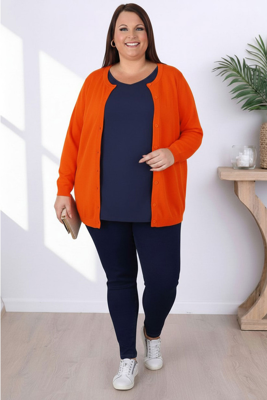 Plus Size Button Up Fine Knit Orange Cardigan | Curvaceous