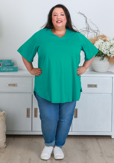 Plus Size Green V Neck Cotton Tee