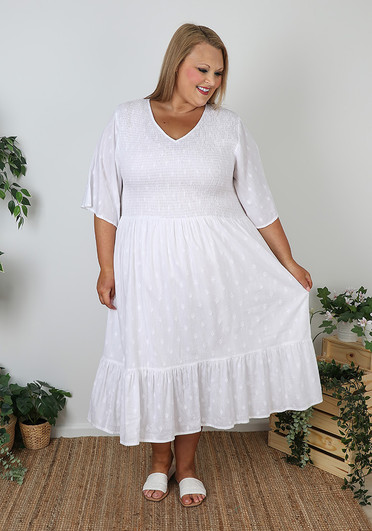 Plus Size White Shirred Bust Flounce Hem Dress