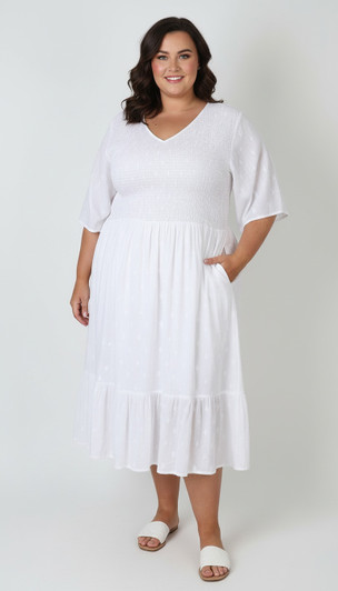 Plus Size White Shirred Bust Flounce Hem Dress