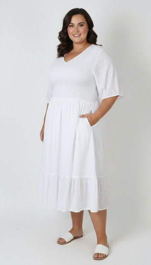 Plus Size White Shirred Bust Flounce Hem Dress