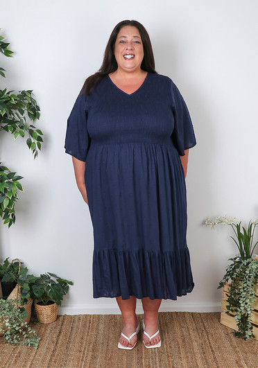 Plus Size Textured Blue Navy Shirred Bust Flounce Hem Dress