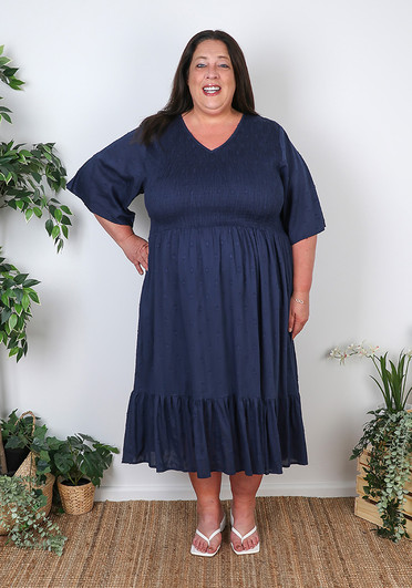 Plus Size Textured Blue Navy Shirred Bust Flounce Hem Dress