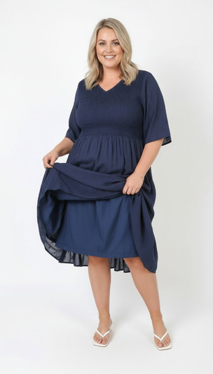 Plus Size Textured Blue Navy Shirred Bust Flounce Hem Dress