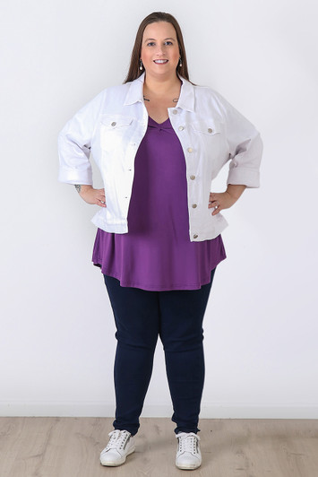 Plus Size White Stretch Denim Jacket With Pockets