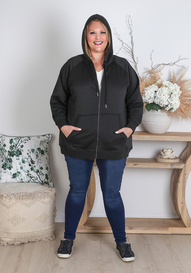 Plus Size Essential Plain Black Zipper Hoodie