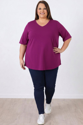 plus size Purple Cotton Stretch V Neck Tee 