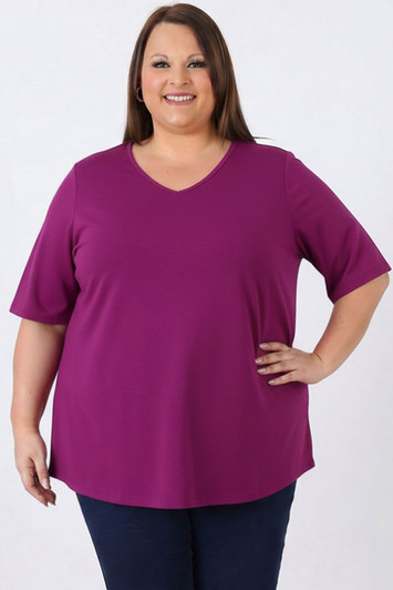 plus size Purple Cotton Stretch V Neck Tee 