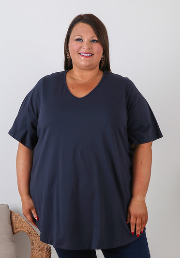 Plus Size Navy V Neck Cotton Tee 