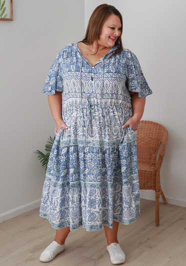 Plus Size Hand Block Printed in Blues Boho Dress