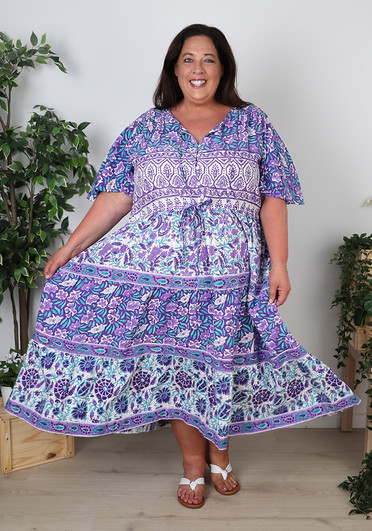 Plus Size Hand Block Printed Purple Boho Dress