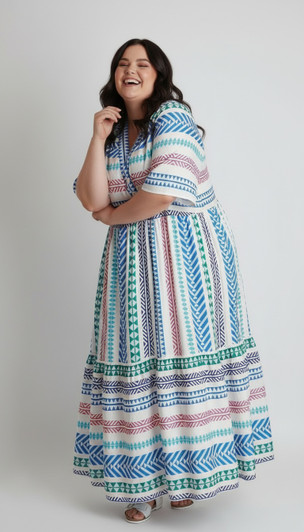 Plus Size Rainbow Aztec Inspired Flounce Hem Maxi Dress