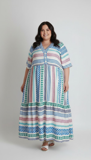 Plus Size Rainbow Aztec Inspired Flounce Hem Maxi Dress